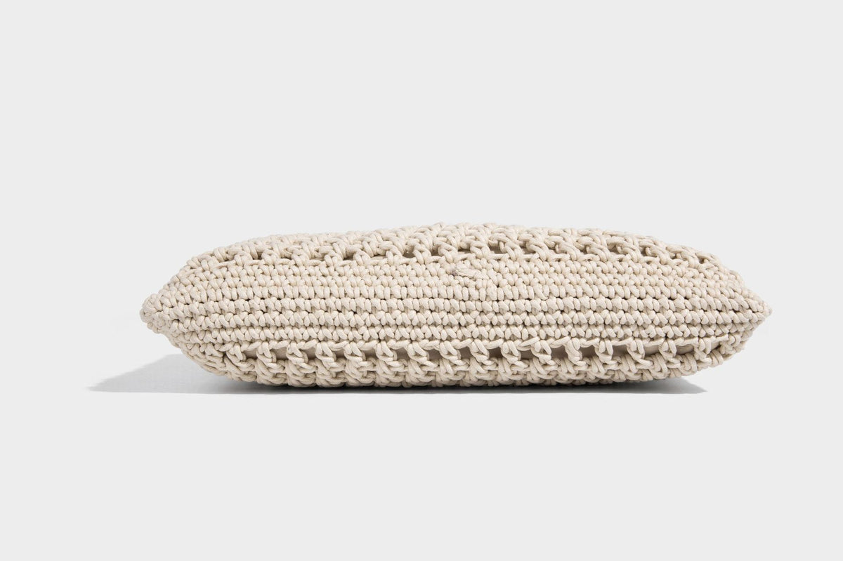 Slouchy open-knit crochet hobo tote bag with leather-look top handle and metal buckle hardware, detail view 20