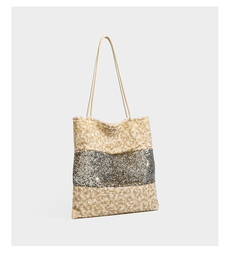 Sequin color-block shoulder tote bag with champagne and silver panels and cream leather-look straps, detail view 9