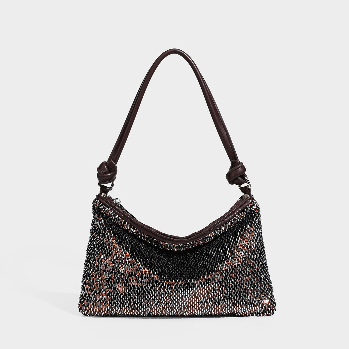 Small sequin hobo shoulder bag with knotted strap and zip closure, detail view 25