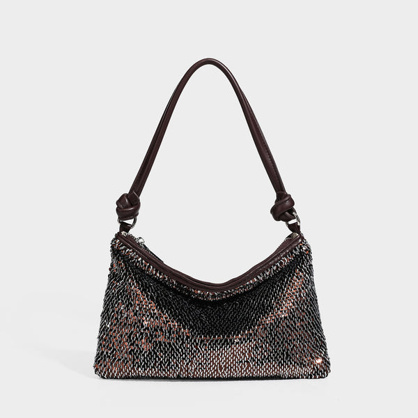 Small sequin hobo shoulder bag with knotted strap and zip closure, detail view 25