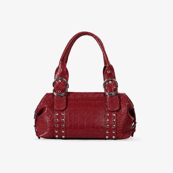 Croc-embossed leather-look barrel satchel bag with silver ring buckle hardware and stud panel trim, detail view 2