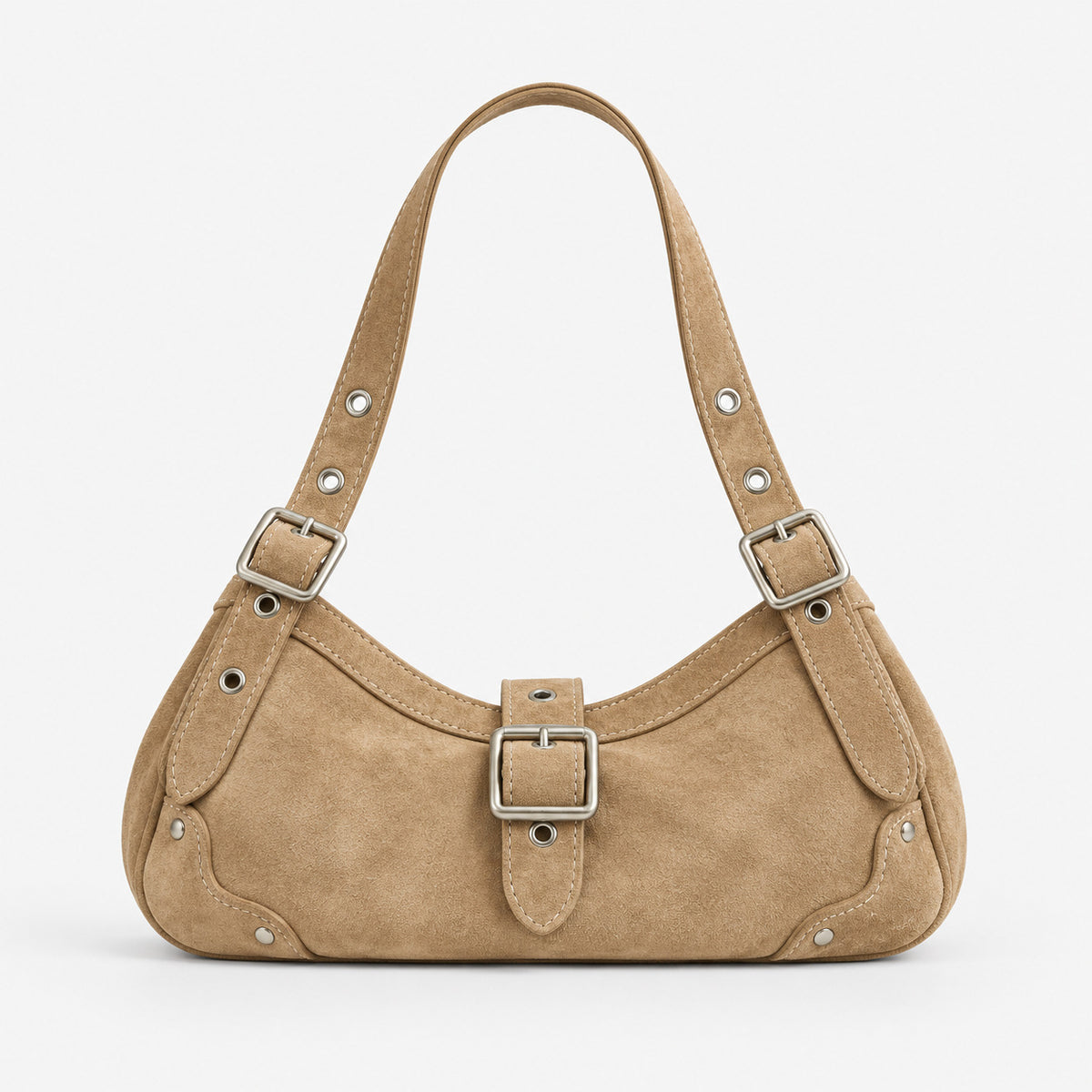 Geschwungene Hobo-Schultertasche mit matter Wildlederoptik, Riemen mit Schnalle in Silberoptik, Ösen, Nieten und Reißverschluss, Detailansicht