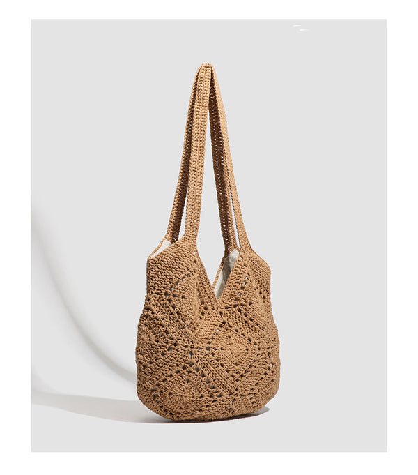 Gehäkelte Schultertasche im Shopper-Stil mit grobmaschigem Muster, Stofffutter und langen Schulterriemen, Detailansicht 13