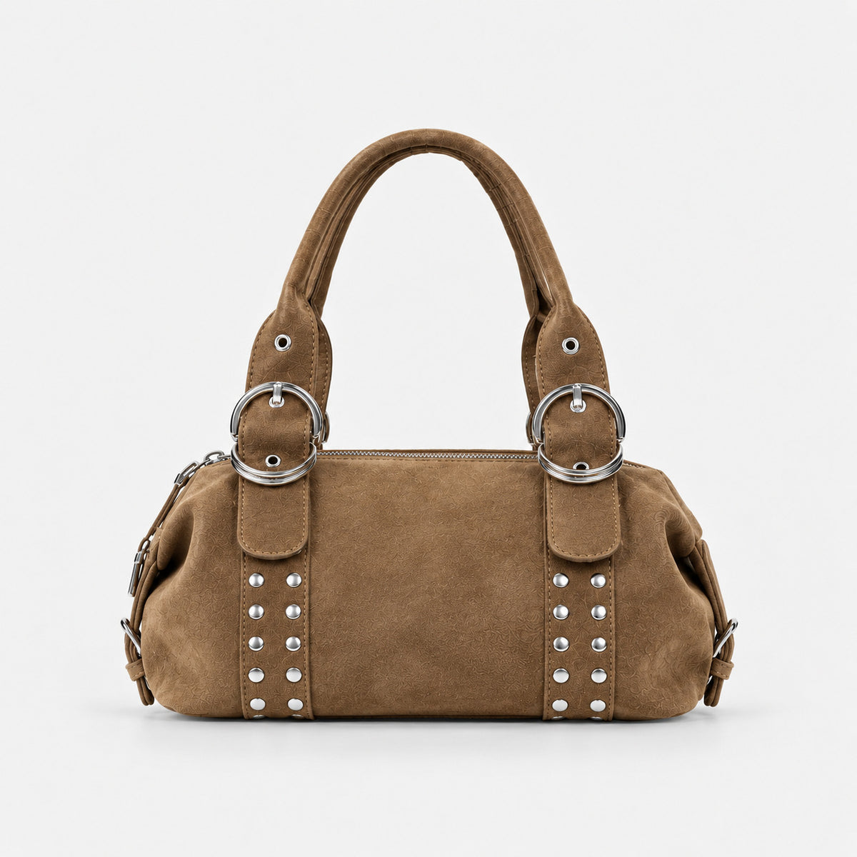 Matte suede-finish barrel bag with silver stud panels, oversized ring hardware, and dual top handles, detail view 7