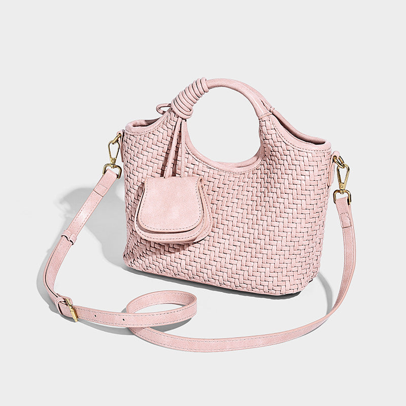 Woven texture tote bag with knotted top handles, attached front mini pouch, and gold-tone hardware, detail view 11