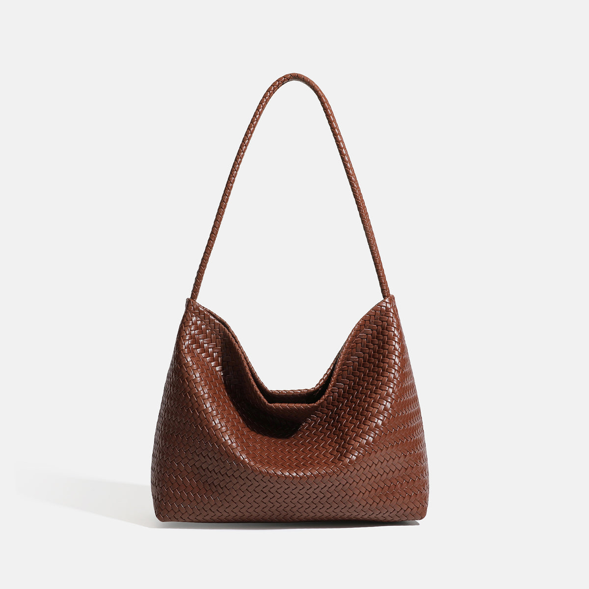Large slouchy woven leather-look hobo tote bag with braided shoulder strap and matching zip pouch, front view