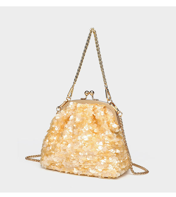 Small structured sequin kiss-lock evening bag with silver-tone chain strap in cream white, detail view 16