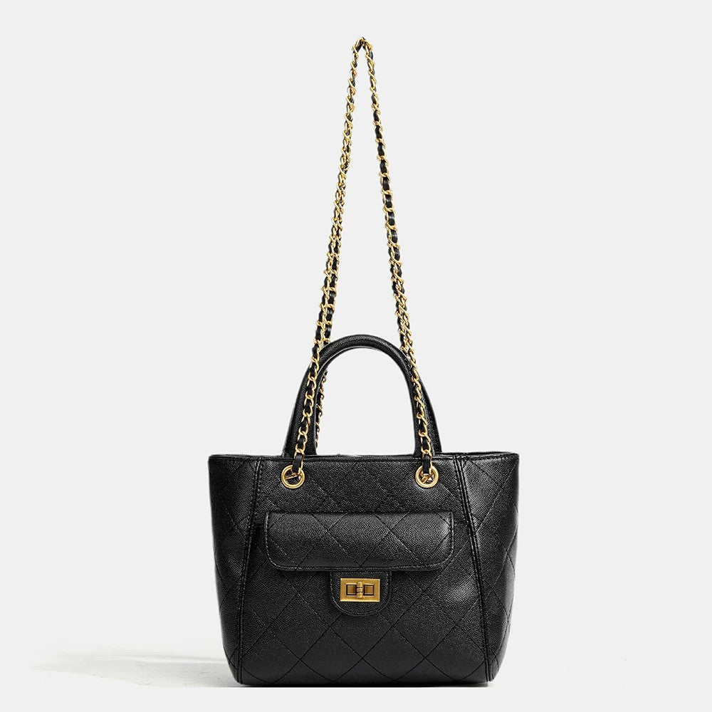 Diamond-quilted leather-look shoulder tote bag with gold-tone chain strap and dual top handles, detail view 4