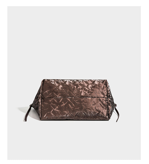 Slouchy crinkle-finish shoulder tote bag with silver hardware and attached zip pouch, detail view 12