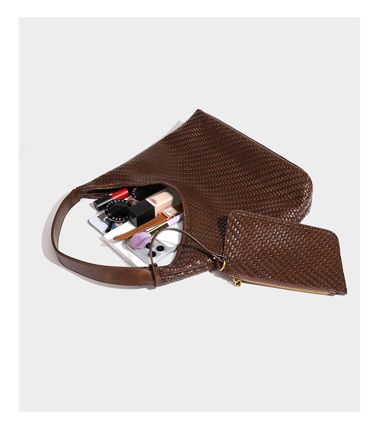 Slouchy woven leather-look hobo tote bag in brown with detachable zip pouch and gold-tone hardware, detail view 19