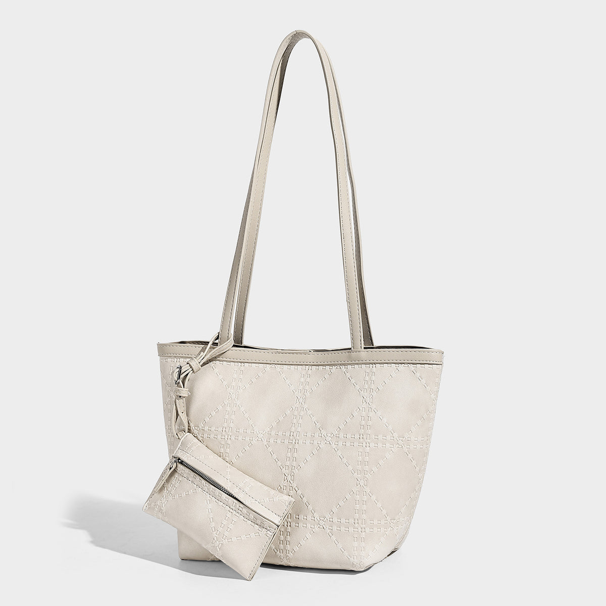 Quilted diamond-pattern tote bag with attached front zip pouch and long shoulder straps, detail view 3