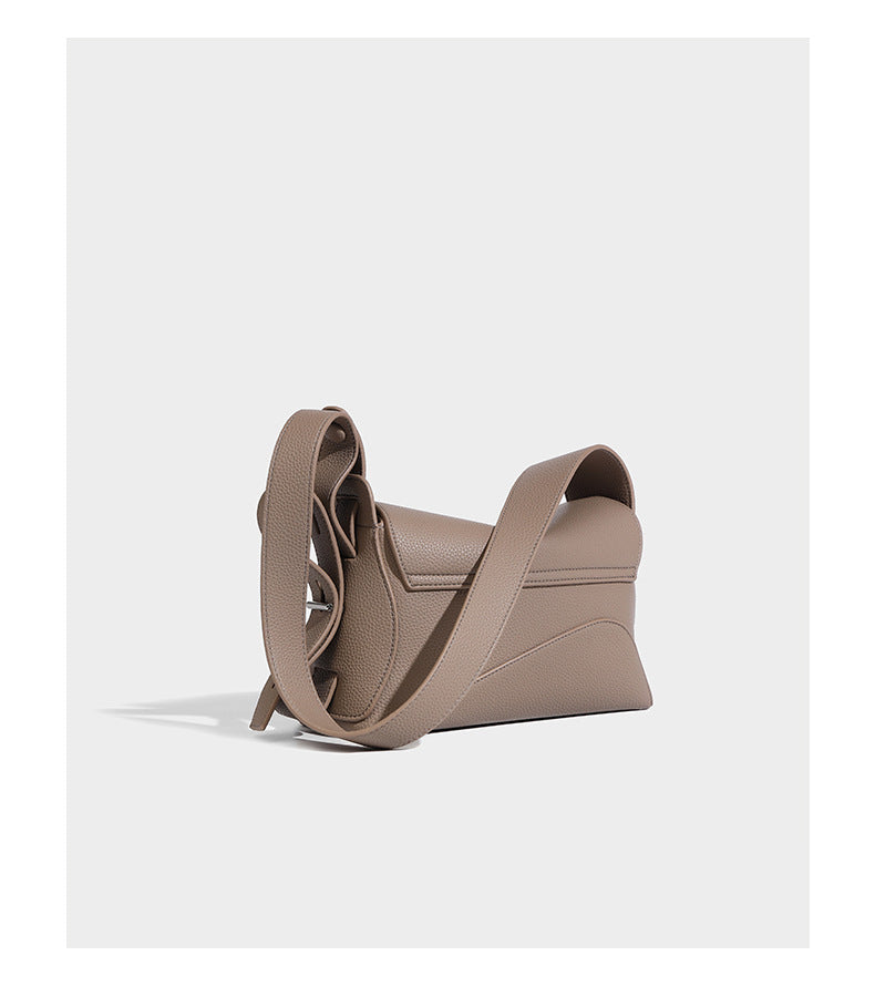 Structured curved-flap pebbled PU shoulder bag with sculptural loop strap detail, detail view 12