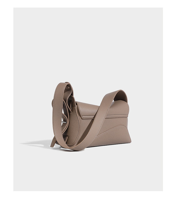 Structured curved-flap pebbled PU shoulder bag with sculptural loop strap detail, detail view 12