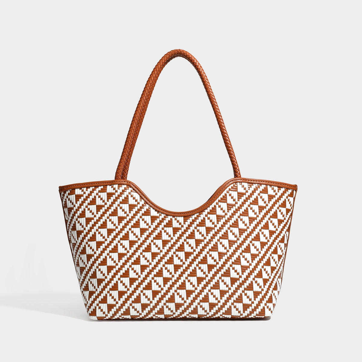 Woven geometric two-tone tote bag with braided shoulder straps and leather-look trim, detail view 8