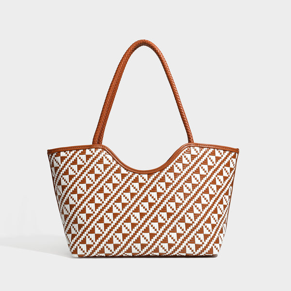 Woven geometric two-tone tote bag with braided shoulder straps and leather-look trim, detail view 8