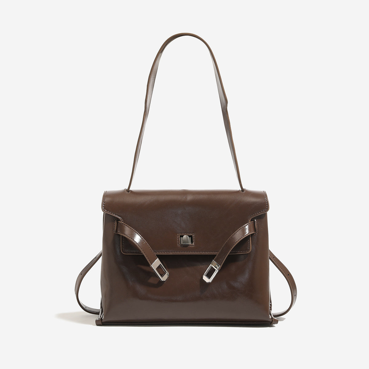 Structured retro flap satchel bag with turn-lock closure, adjustable shoulder strap, and silver-tone hardware, detail view 7
