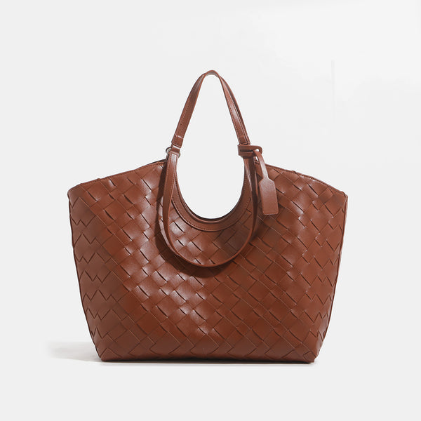 Large woven leather-look tote bag with open top and dual shoulder handles, detail view 6