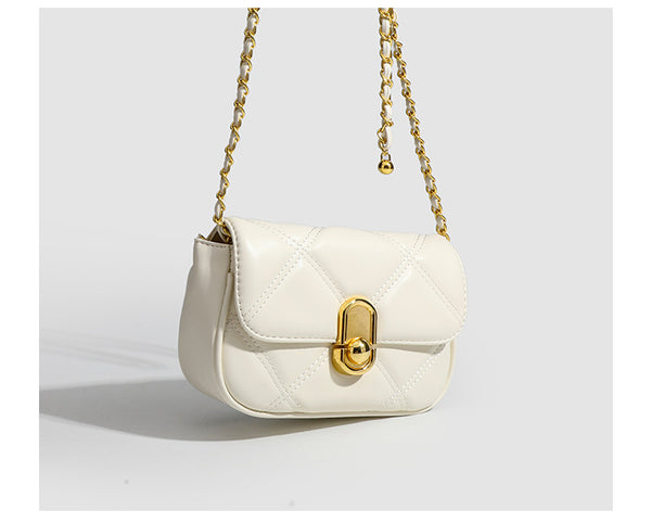 Compact diamond-quilted mini crossbody bag with gold-tone turn-lock closure and woven chain strap, detail view 12