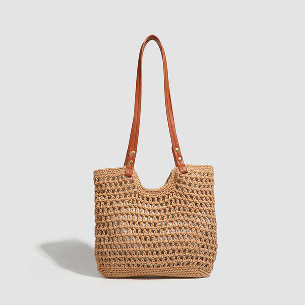 Open-knit woven tote bag with leather-look shoulder straps and brass-tone hardware in off-white, detail view 8