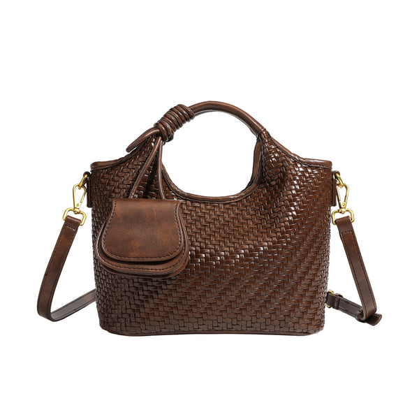 Woven leather-look tote bag in mocha brown with knotted top handle, front flap pocket, and detachable crossbody strap with