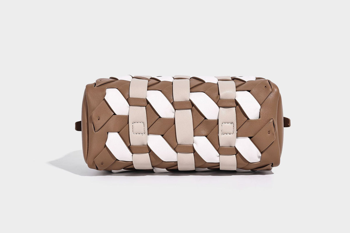 Small structured satchel bag with two-tone woven front panel, dual top handles, and detachable crossbody strap in tan brown