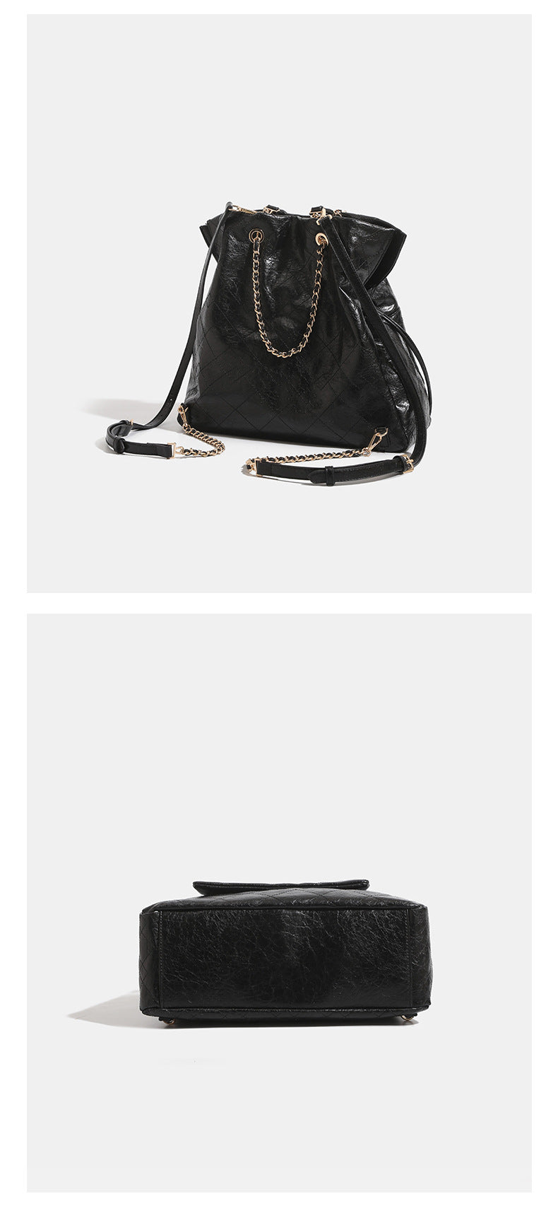 Quilted crinkled leather-look convertible tote backpack with gold-tone chain handles and drawstring closure, detail view 11