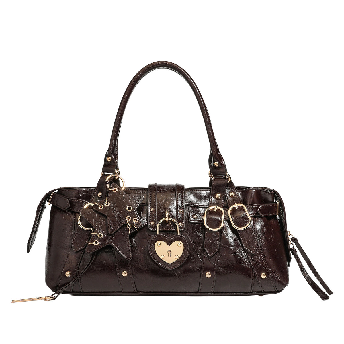 Dark brown glossy crinkled leather-look barrel bag with gold heart lock, dome studs, star charm, dual top handles and, detail
