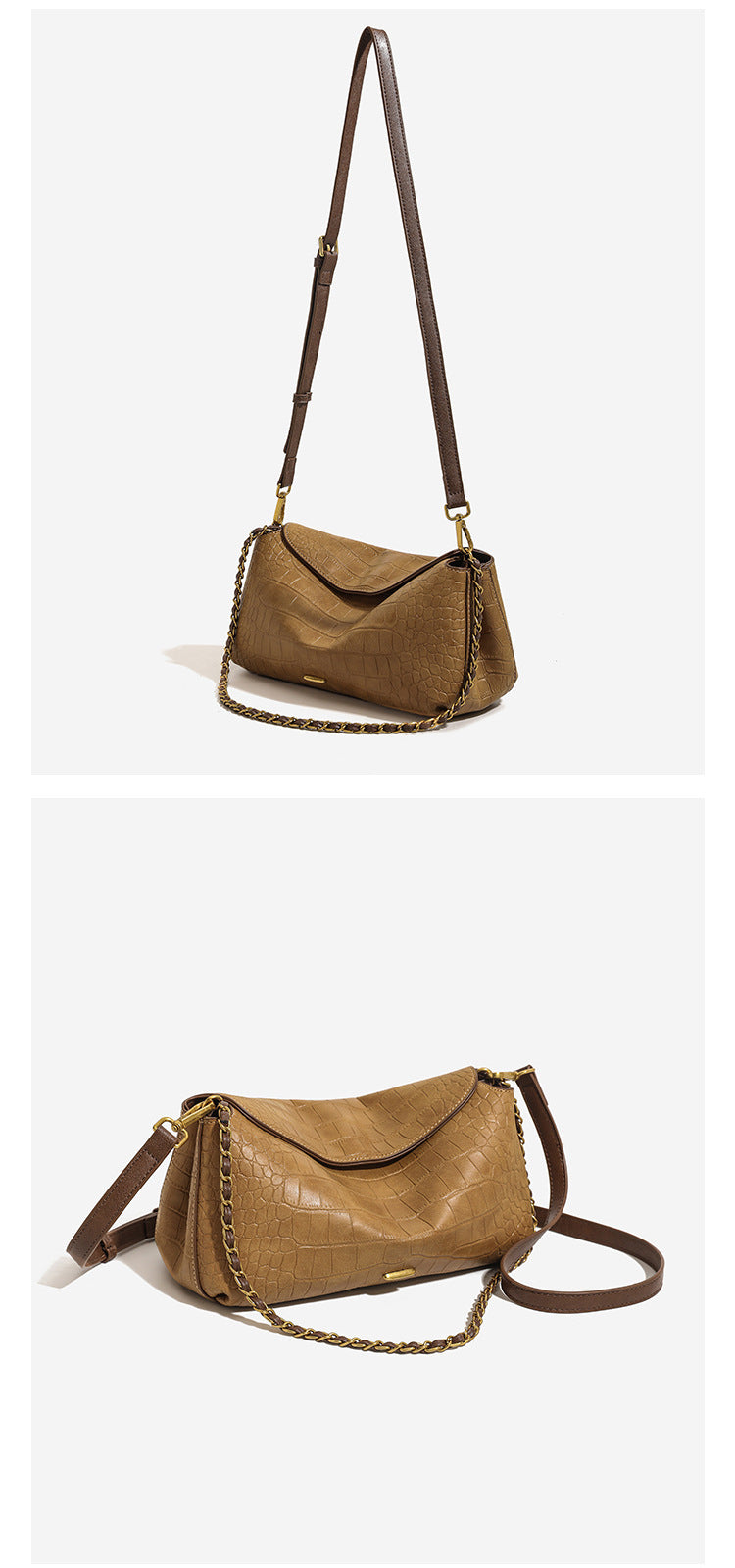 Croc-embossed pillow crossbody shoulder bag with gold-tone chain strap and flap closure, detail view 11