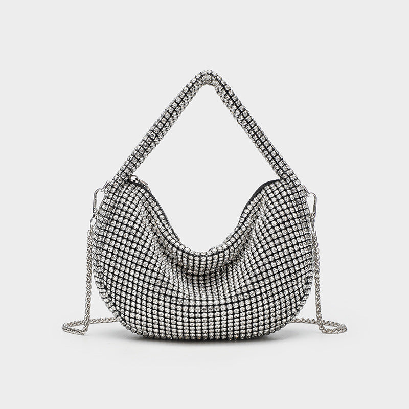 All-over crystal rhinestone hobo bag with silver chain strap and top handle, top zip closure, front view