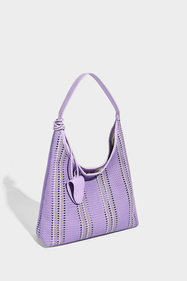 Woven striped slouch shoulder tote bag with knotted strap and attached front flap pouch, detail view 28