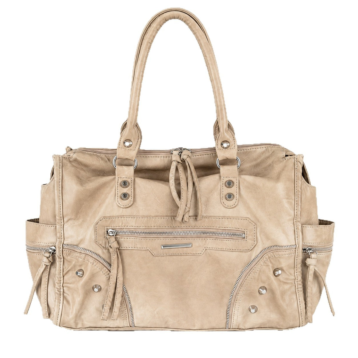 Large distressed leather-look moto tote bag with silver rivets, tassel zip pulls, front zip pocket, and dual top handles