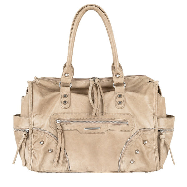 Large distressed leather-look moto tote bag with silver rivets, tassel zip pulls, front zip pocket, and dual top handles