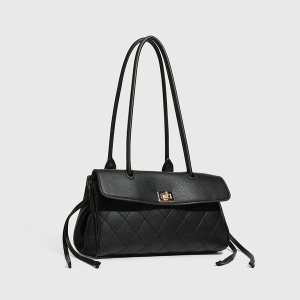 Structured black diamond-quilted shoulder bag with gold-tone turn-lock flap closure and dual round shoulder straps, detail