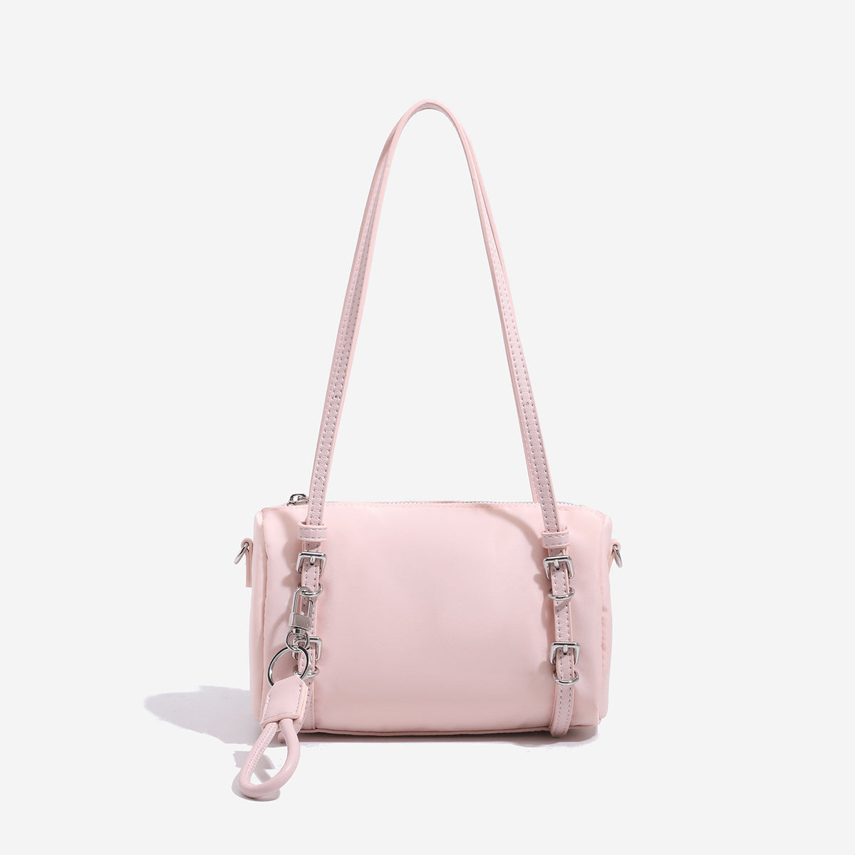 Compact nylon Boston barrel bag with zip-top closure, silver-tone hardware, dual slim handles, and detachable crossbody