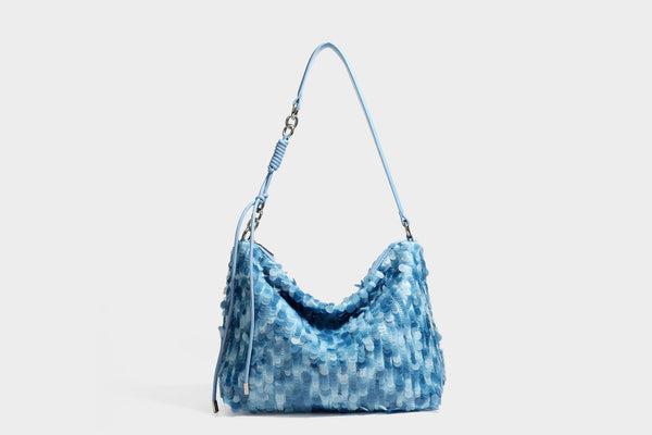 Slouchy paillette sequin hobo shoulder bag with zip closure and adjustable leather-look strap with silver chain hardware