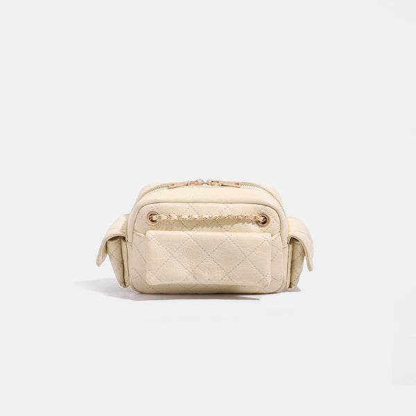 Compact quilted diamond-stitch crossbody bag with gold-tone chain strap and top zip closure, front view