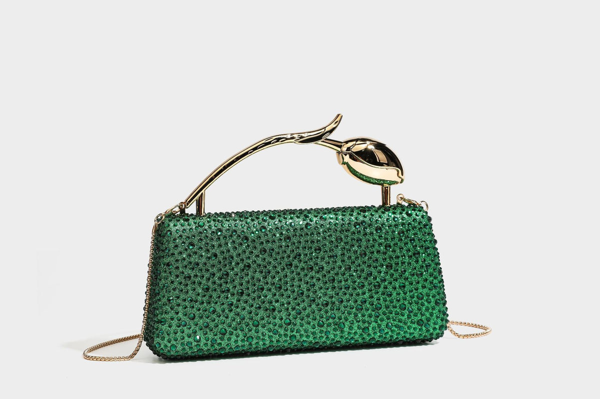 rectangular hard-case rhinestone evening clutch with sculptural gold-tone branch-and-bud top handle and detachable chain