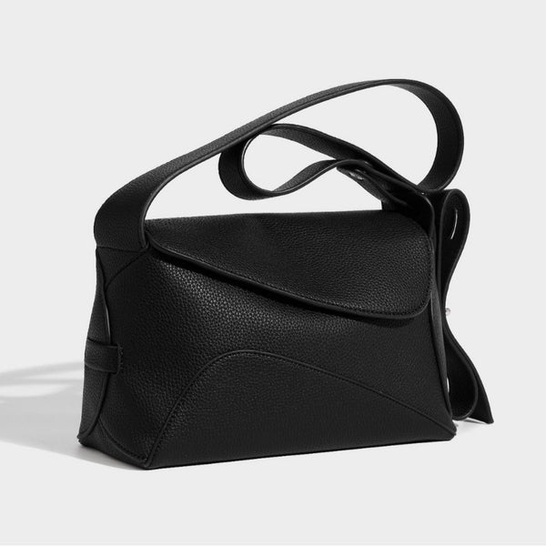 Structured curved-flap pebbled PU shoulder bag with sculptural loop strap detail, detail view 2