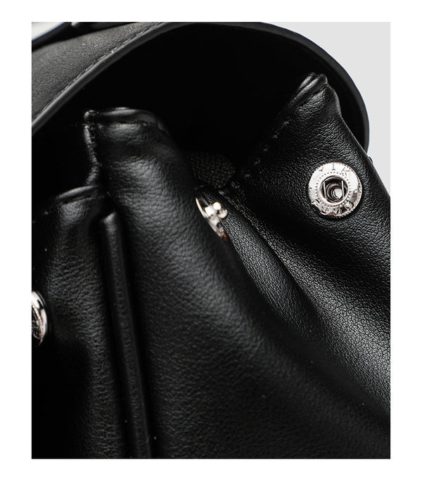 Structured black leather-look flap satchel bag with silver turn-lock hardware and top handle, detail view 25