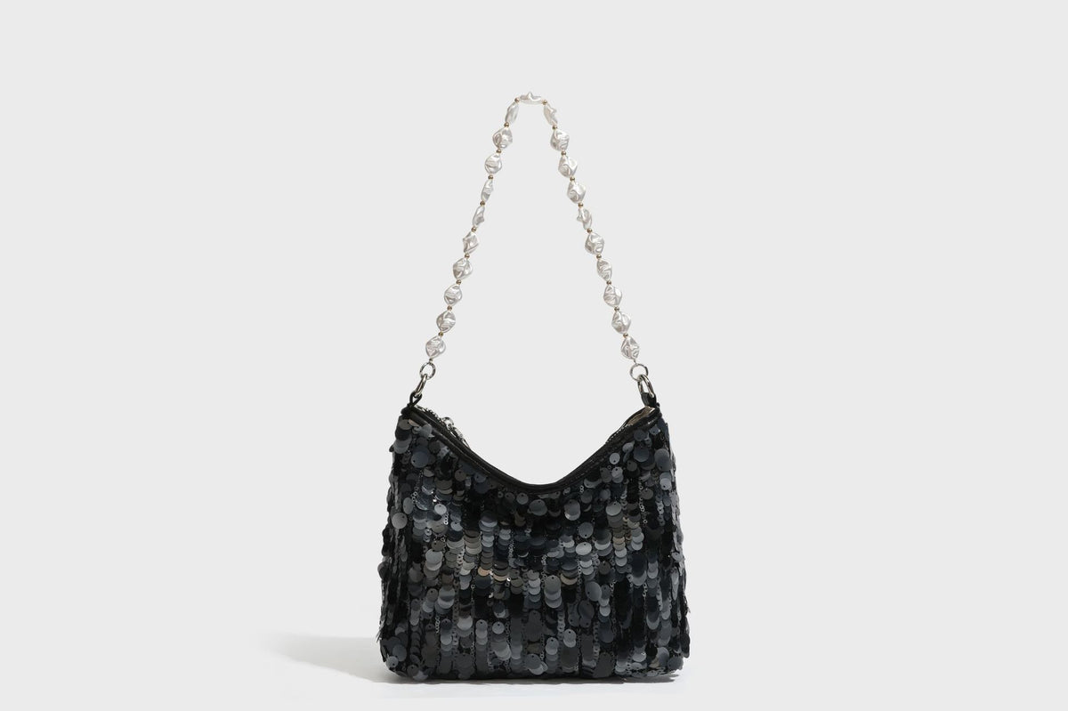 Small crescent sequin shoulder bag with pearl beaded strap and zip closure, detail view 36