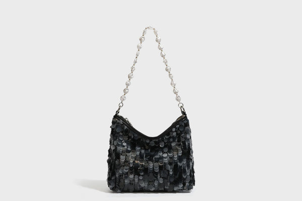Small crescent sequin shoulder bag with pearl beaded strap and zip closure, detail view 36