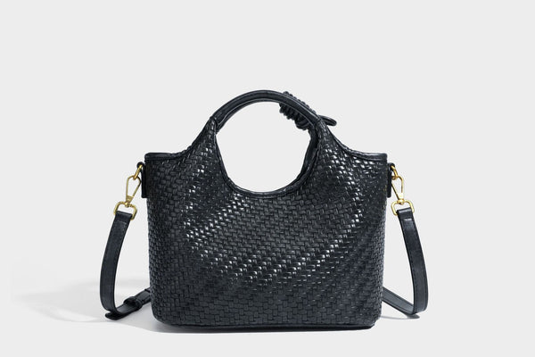 Woven leather-look tote bag in mocha brown with knotted top handle, front flap pocket, and detachable crossbody strap with