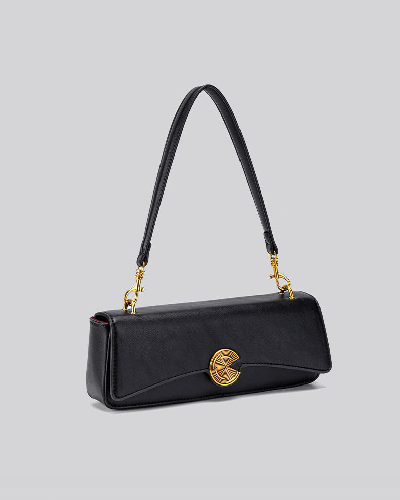 Structured rectangular flap bag with gold-tone circular turn-lock closure and detachable crossbody strap, detail view 8