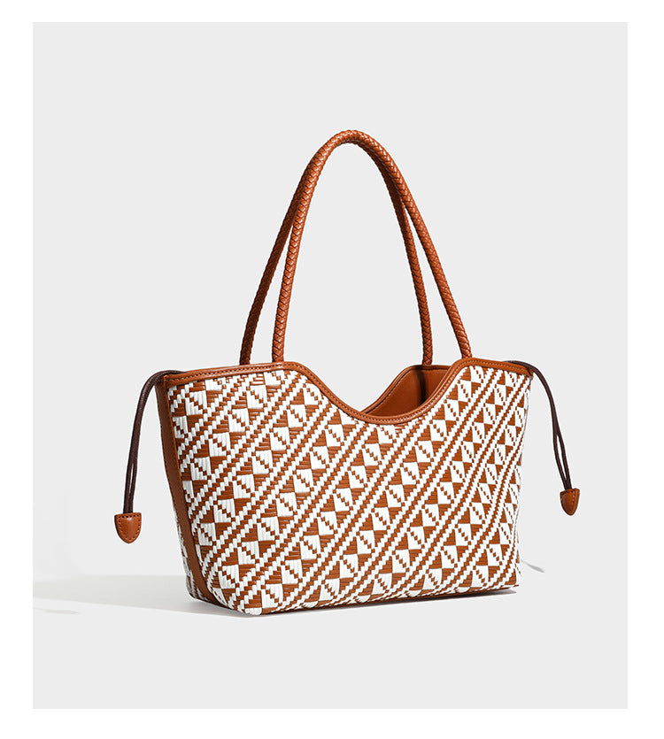 Woven geometric two-tone tote bag with braided shoulder straps and leather-look trim, detail view 19