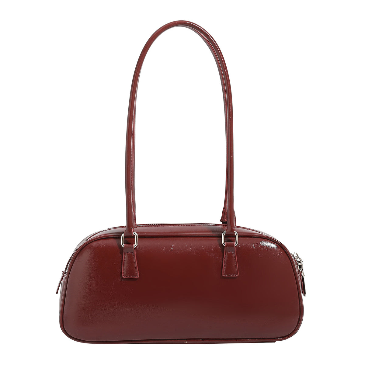 Rounded baguette shoulder bag with glossy leather-look finish, double-pull zip top, dual top handles, and silver-tone, detail