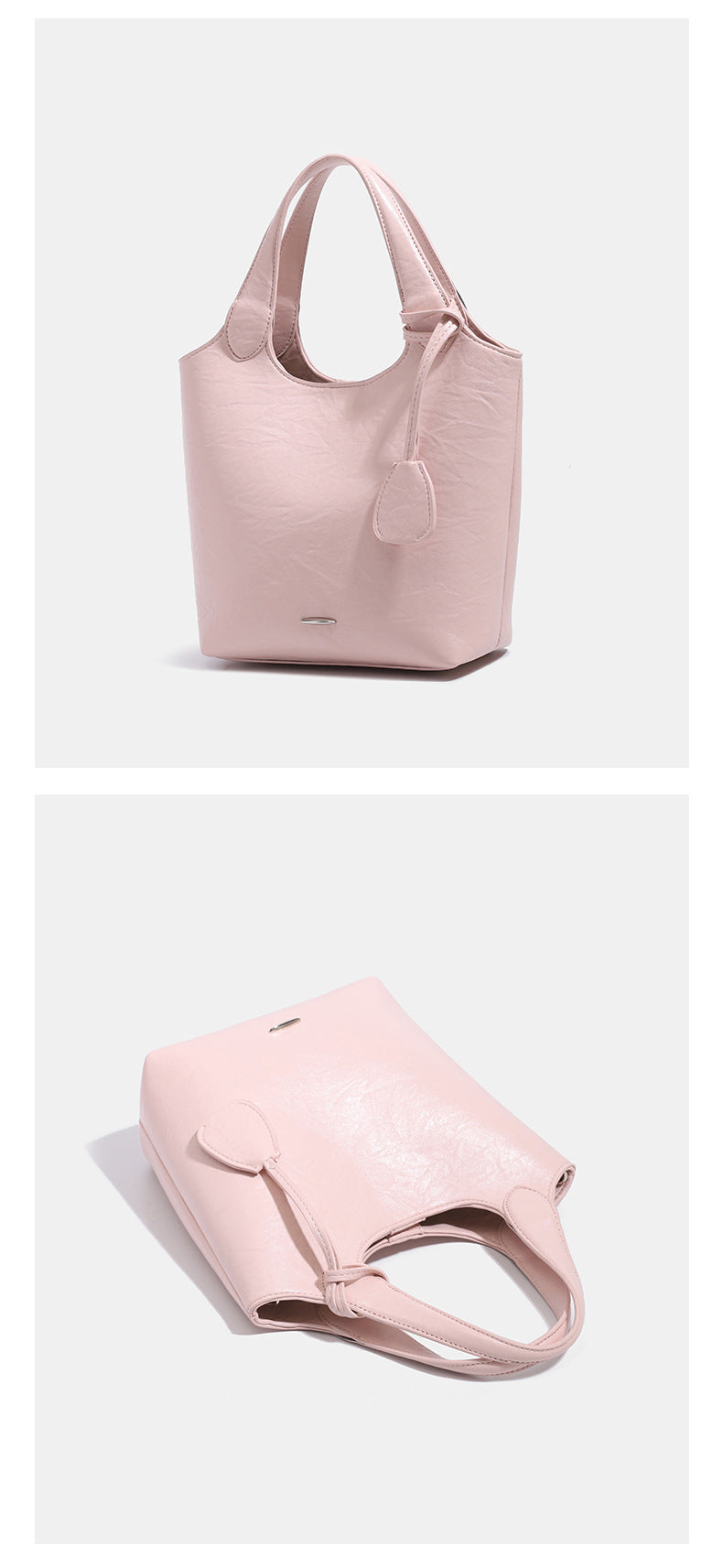 Soft glossy leather-look bucket tote bag with twin handles and detachable crossbody strap, detail view 11