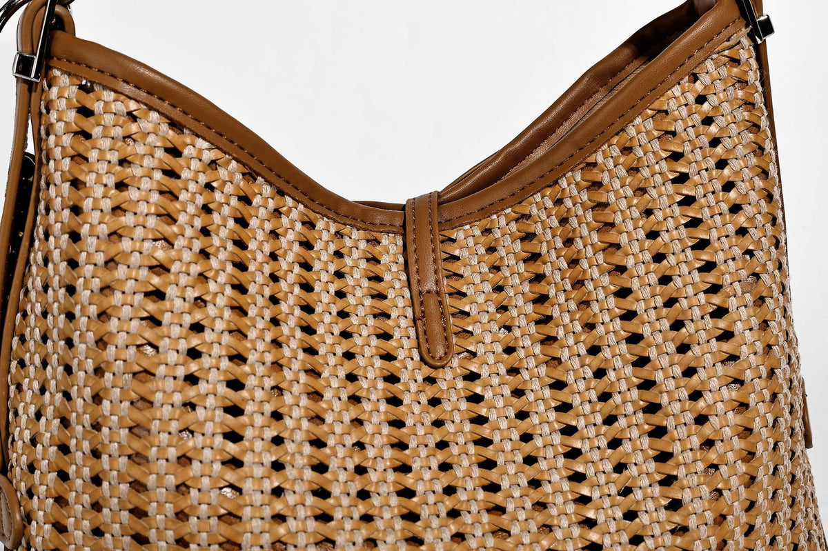 Slouchy open-weave shoulder tote bag with leather-look tan trim, tie-front closure, and long adjustable strap, detail view 20