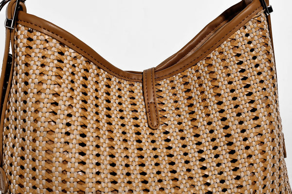 Slouchy open-weave shoulder tote bag with leather-look tan trim, tie-front closure, and long adjustable strap, detail view 20