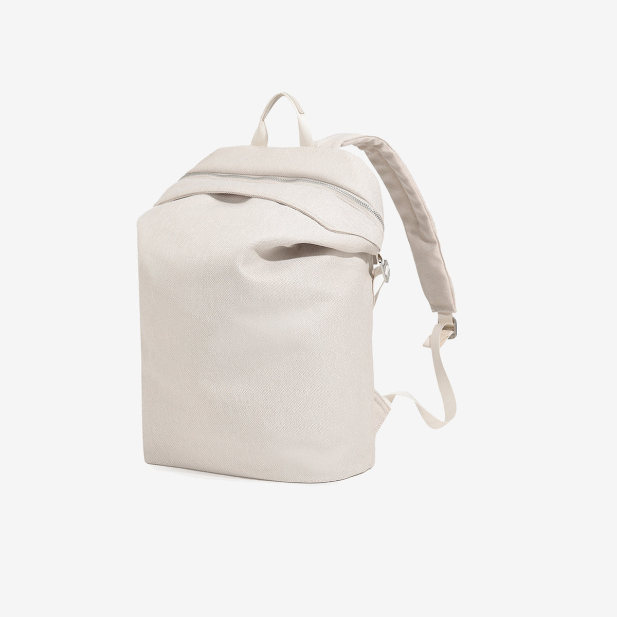 Structured matte-fabric backpack handbag with silver-tone zip closure and top carry handle, detail view 9