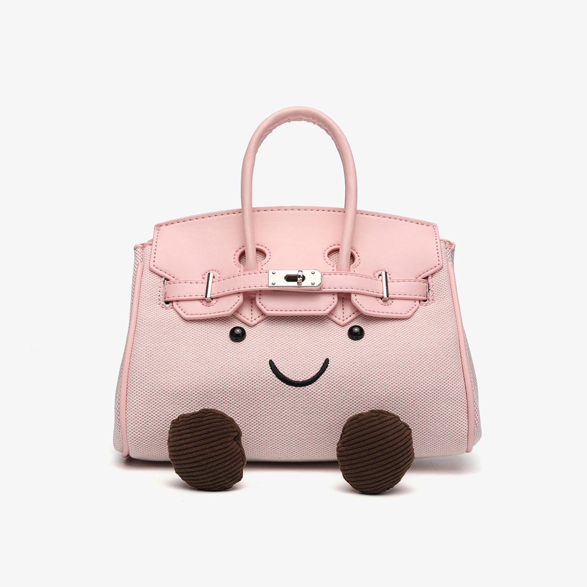 Small structured trapezoid satchel bag with smiling face motif, pom-pom accents, brown leather-look trim, silver-tone, front
